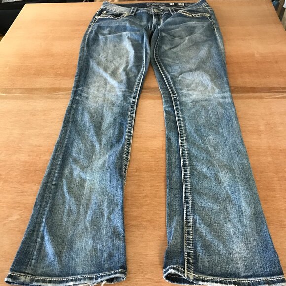 Miss Me Bootcut Jeans Women 31 Blue Mid Rise Flap Pockets Rhinestone Medium Wash - Picture 2 of 16